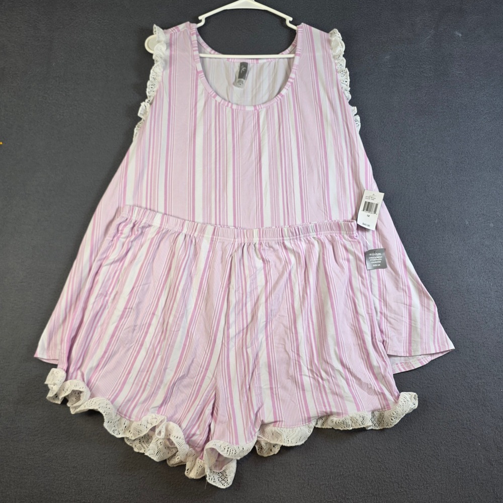 PJ Couture Pink White Striped 2-Piece Pajama 1X NWT Ruffle Lace Tank Short Set